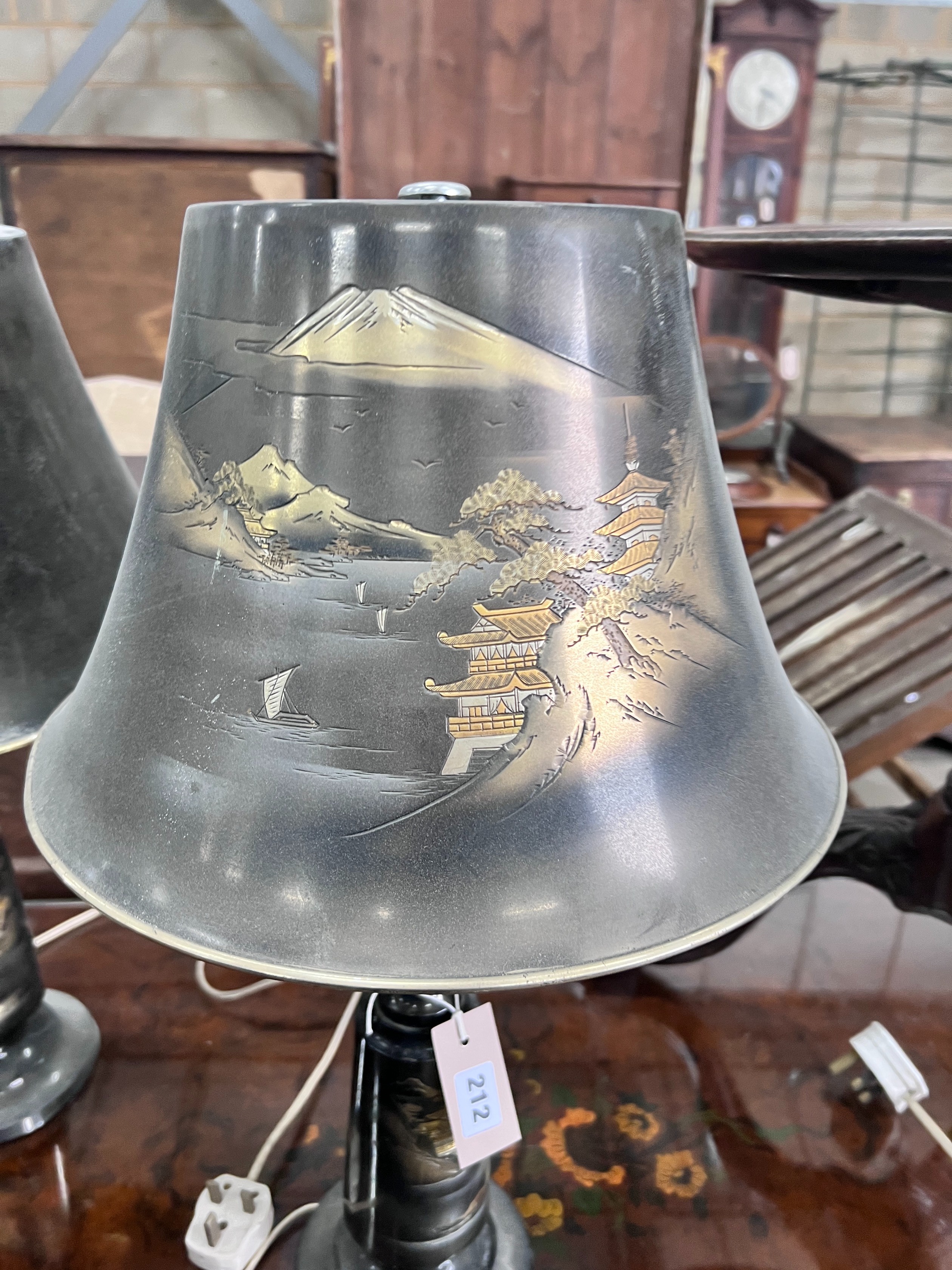 A pair of Japanese decorated metal table lamps, with matching shades, overall height 57cm *Please note the sale commences at 9am.